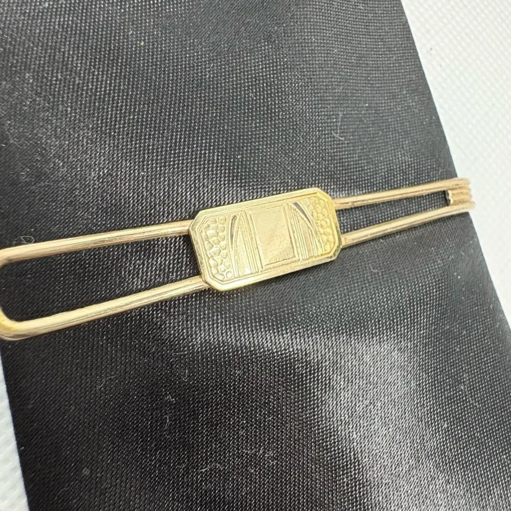 Vintage 50s Gold Tone Geometric Motif Tie Bar Money Clip